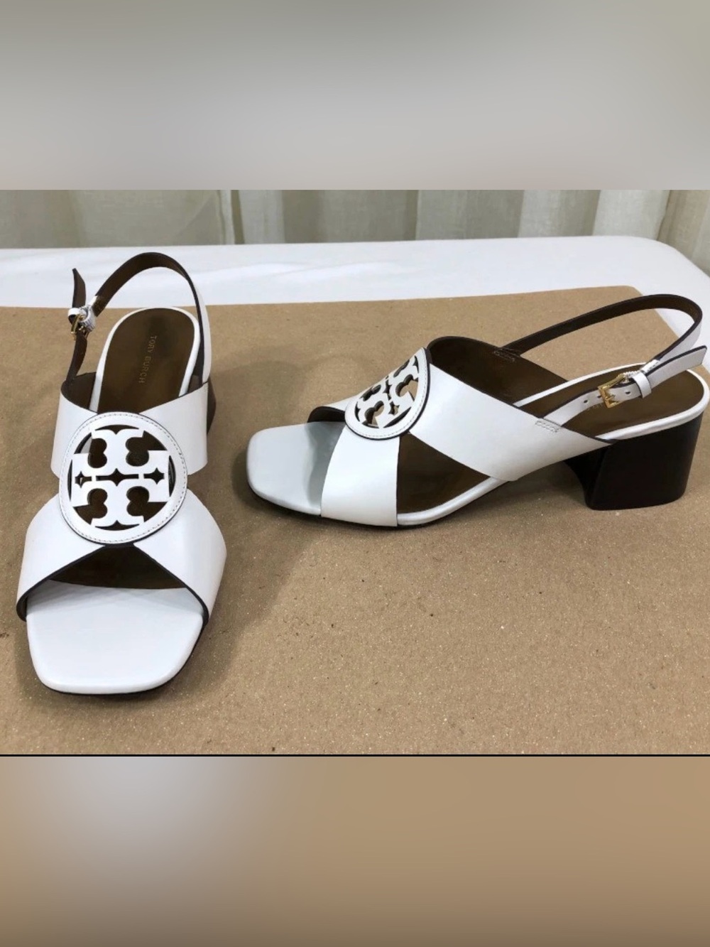 Tory Burch Miller Slingback Logo Block Heel Sandal US 9 Cloud White Leather